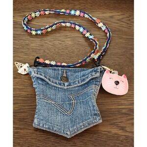 Girl's Denim Pocket Purse Flower Strap Keychain Accents Pink Kitty Rhinestones